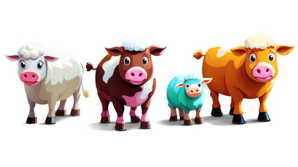 Naklejka premium Cartoon Cows And Sheep Illustration. Cute farm animals in different colors, white, brown, blue and orange. Isolated png, transparent background.