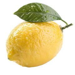 Zesty Lemon: A close-up capture of a vibrant, ripe lemon, complete with a fresh green leaf, glistening with water droplets, epitomizing freshness and the essence of citrus flavor.