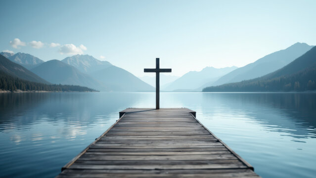 A serene lakeside setting with a wooden dock leading to a cross on the shore.