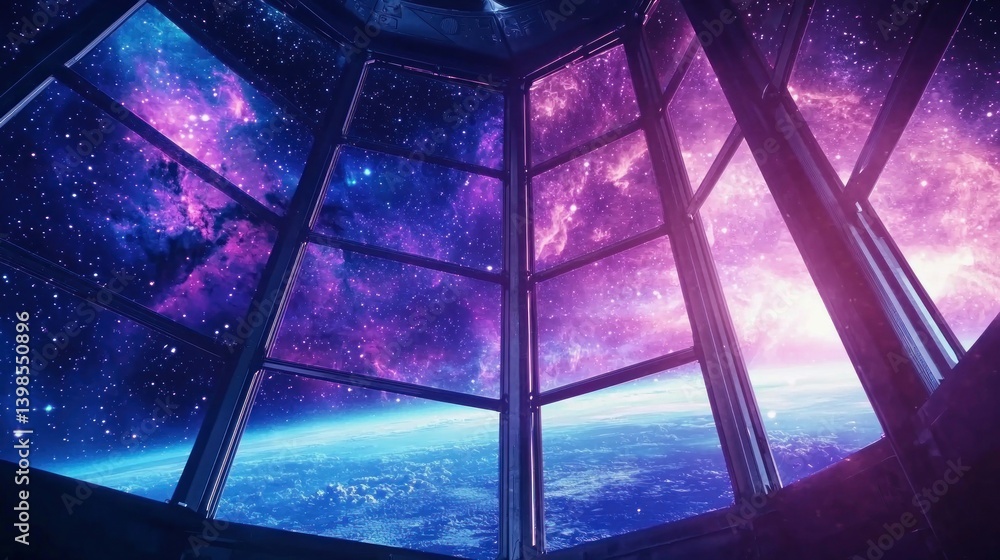 Poster a breathtaking view from a spaceship window, showing nebulae and a distant planet.
