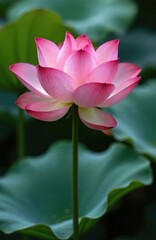 Fototapeta premium Pink lotus flower in full bloom with green leaves background. Nature scenery, aquatic floral, tranquil peaceful. Botanical illustration of lotus flower blossoms in pond. Summer garden scenery. Botany.