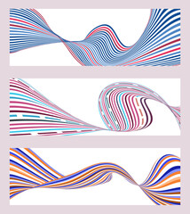 Obraz premium Wavy lines or ribbons. Set of 3 backgrounds. Multicolored striped gradient. Creative unusual background with abstract gradient wave lines to create a trendy banner, poster. vector eps
