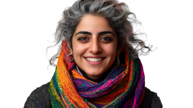 a young woman with grey hair wearing a colorful scarf on a transparent background, PNG image, PNG file, Generative art.