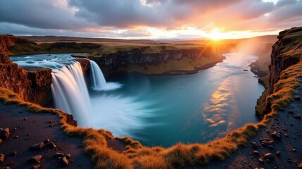 Hengifoss in Iceland at dawn with sunny weather from a panoramic perspective.