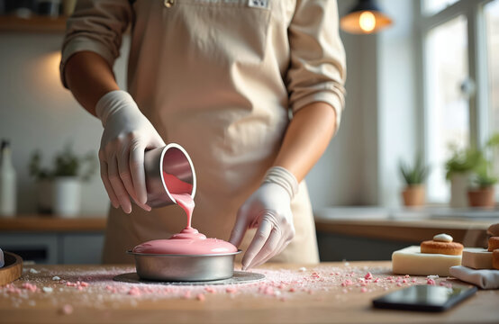 Pastry chef pours pink cream into cake pan. Home bakery scene, culinary online course, side hustle, cooking content creation. Baking, patisserie, dessert making concept, food blog.