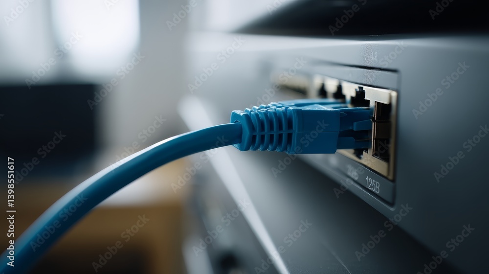 Aufkleber A blue network cable is securely inserted into a router port, illuminated with a shallow depth-of-field. The background is softly blurred, creating focus on the cable