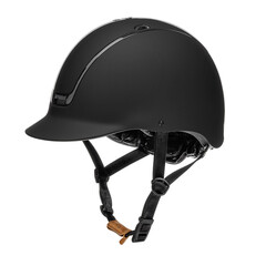 Fototapeta premium Matte black equestrian riding helmet with chin strap on white surface perfect for horse riding enthusiasts