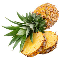 Tropical Treat: A vibrant, fresh pineapple, sliced to reveal its juicy interior, rests invitingly alongside its spiky green crown. A refreshing burst of exotic flavor and natural sweetness