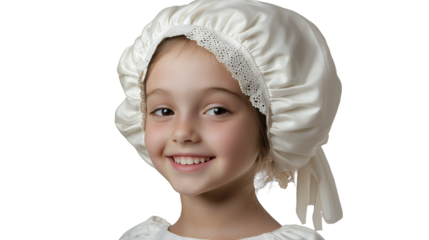 a young girl dressed in a white dress and a white bonnet on her head, smiling photo on a transparent background, PNG image, PNG file, Generative art.