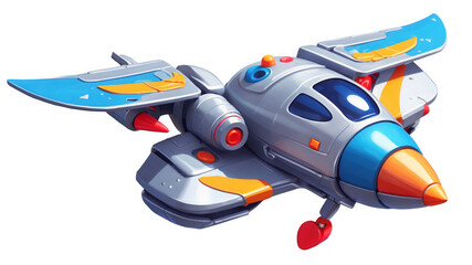 Blue orange space ship illustration. Light gray futuristic aircraft with vibrant wing colors. Sci-fi flying machine design, transparent png, isolated.