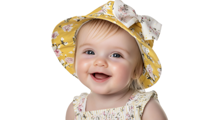 a little girl wearing a yellow and white polka dot hat on a transparent background, PNG image, PNG file, Generative art.