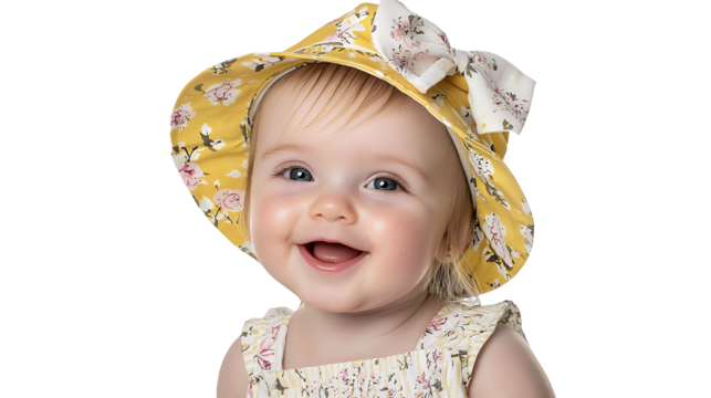 a little girl wearing a yellow and white polka dot hat on a transparent background, PNG image, PNG file, Generative art.