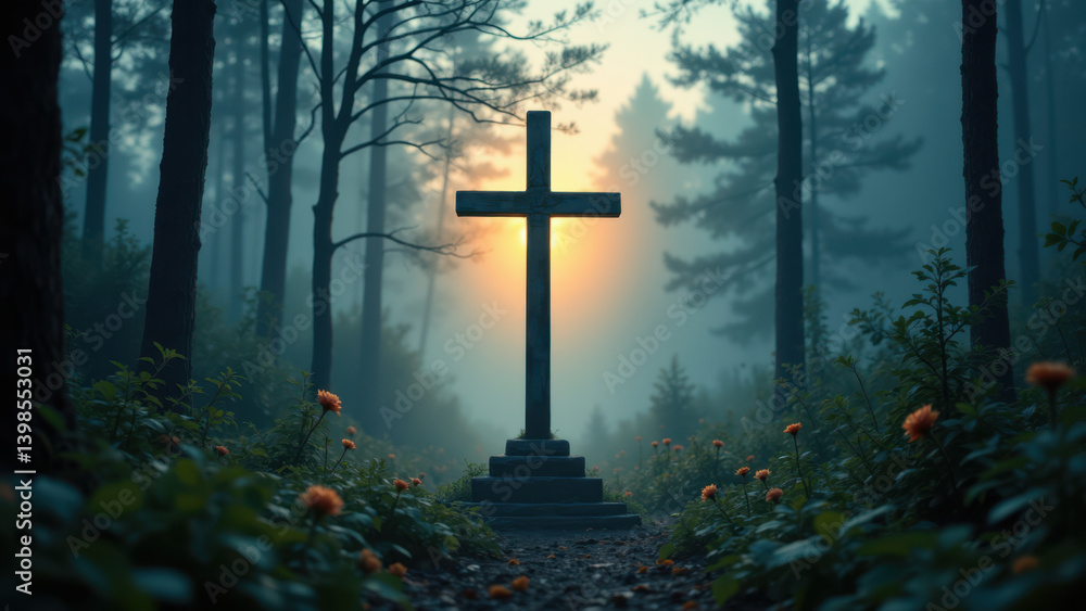 Poster cross in forest during twilight with misty atmosphere.