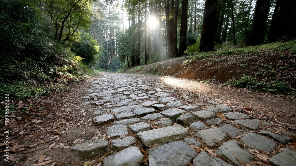 Leinwandbilder overgrown cobblestone trail gently leads into a redwood forest, with soft sunlight filtering through