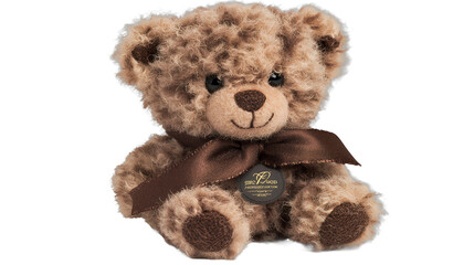 a brown teddy bear wearing a ribbround its neck on a transparent background, PNG image, PNG file, Generative art.