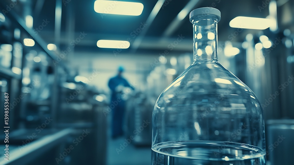 Poster full-width view of a chemical factory showing reactors, containers, and chimneys stretching across a
