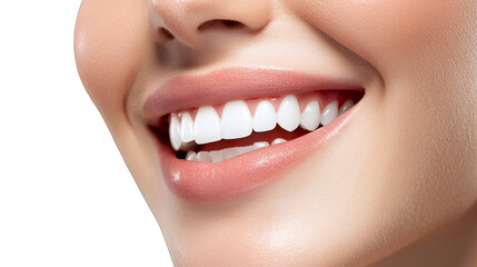 Obraz premium close up of a female mouth smiling with perfect white teeth on a transparent background, PNG image, PNG file, Generative art.
