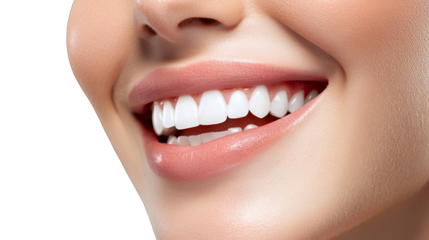 close up of a female mouth smiling with perfect white teeth on a transparent background, PNG image, PNG file, Generative art.