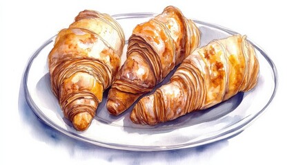 Fototapeta premium Three freshly baked croissants on a white plate, showcasing their golden-brown layers and texture
