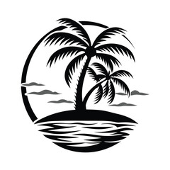 Minimalist Silhouette Detailed Palm Tree on Island with Water Waves, Black and White