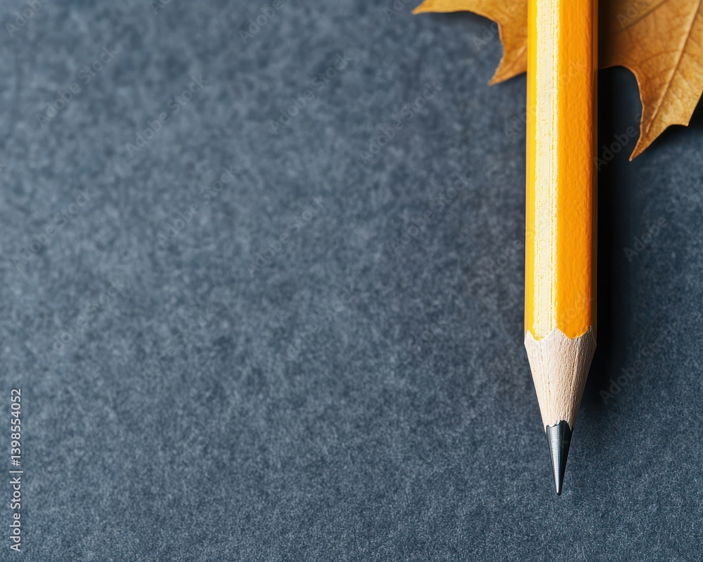 Poster a close-up of a sharpened yellow pencil resting on a textured dark surface, accompanied by a dry aut
