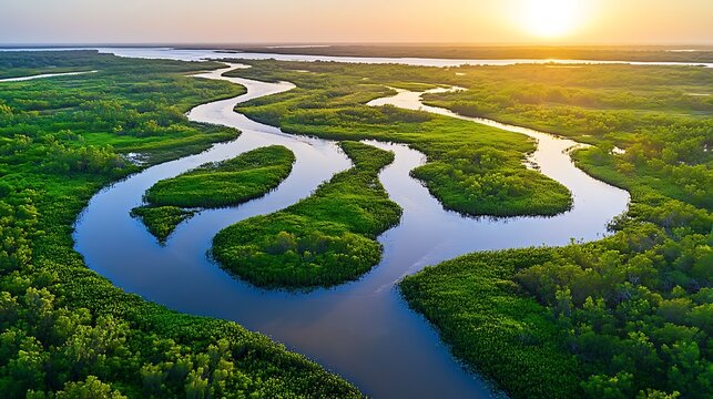 A serene river delta featuring winding waterways surrounded by lush and vibrant vegetation.

 - Powered by Adobe