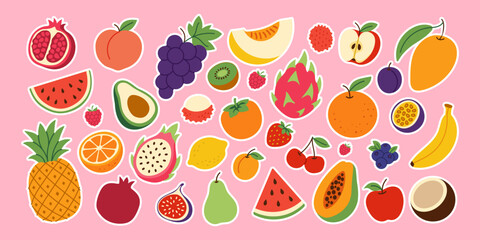 A colorful assortment of fruits and vegetables are scattered across a pink background. Concept of abundance and freshness, with the various fruits and vegetables representing the diversity