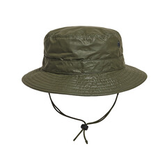 Military style boonie hat in olive drab featuring a chin strap positioned centrally on a crisp white surface