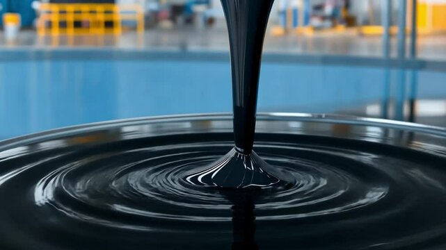 Flow of Bitumen: A close-up shot captures the thick, viscous flow of black bitumen as it pours into a container, creating mesmerizing concentric circles and ripples.