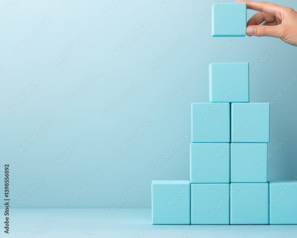 Poster a hand places a blue block atop a stack of similar blocks, creating a structured arrangement against