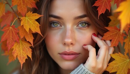 Portrait young beautiful woman, autumn leaves, natural make-up, beauty eyes, red nails. Fall season beauty. Healthy skin, fresh face, natural cosmetic. Female with autumn foliage. Attractive woman