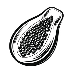Monochrome Papaya Slice Detailed Black Outline with Seeds on White Background, Fresh Fruit