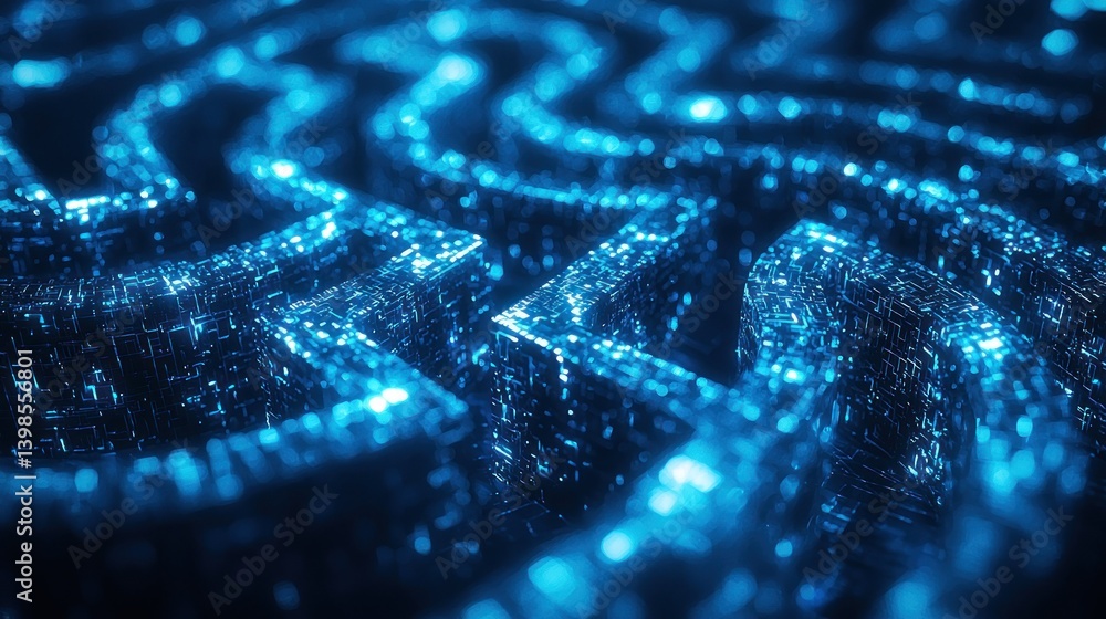 Poster abstract digital labyrinth: a mesmerizing 3d render of a complex, glowing blue digital structure res
