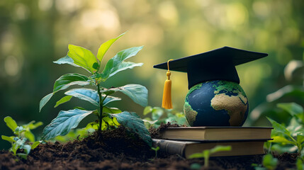 Eco education concept, sustainable learning for a greener planet, earth model with graduation cap, plant growth, environmental education, books, knowledge, and nature