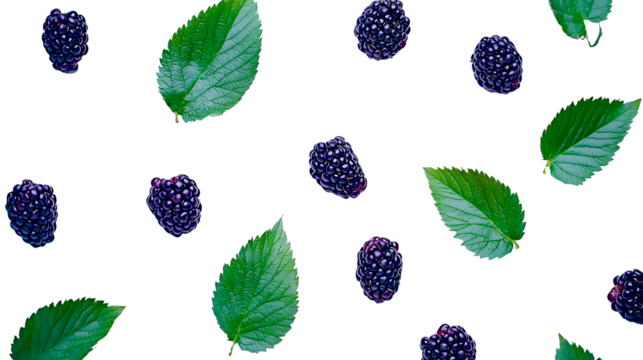 a pattern of raspberries and blackberries on a transparent background, PNG image, PNG file, Generative art.