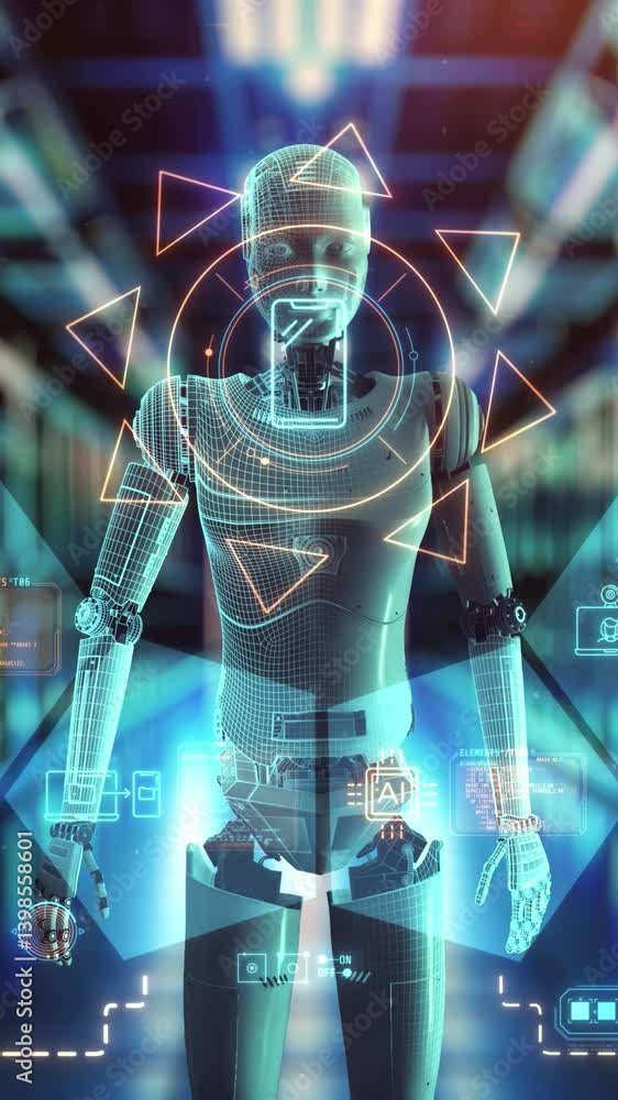 Poster artificial intelligence against the background of a server room