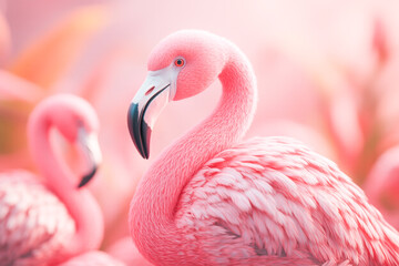 Fototapeta premium Pink flamingo posing in a group of flamingos with blurred background