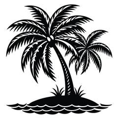 Fototapeta premium Palm Trees Silhouette on Island, Tropical Black Icon, Ocean Wave, Sunny Clouds