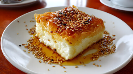 Baked Feta with Honey and Sesame Seeds in Phyllo Pastry on a Plate