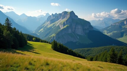 Obraz premium Mont Aigoual in France at midday with mild sunny conditions, taken from above, showing the mountain's rocky terrain and surrounding nature.
