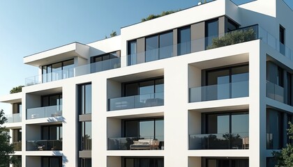 Modern condo building with large windows and a contemporary facade. Exterior residential architecture, a clear sky, balconies, green trees, urban dwelling home. Housing, apartment, building.