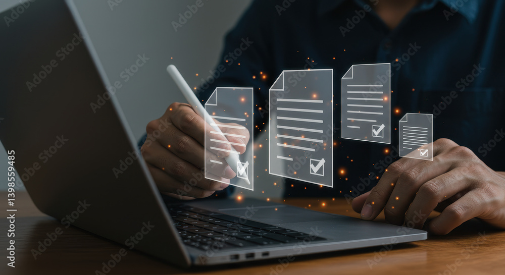 Poster digital document approval: streamlining workflow with e-signatures & automation on laptop for effici