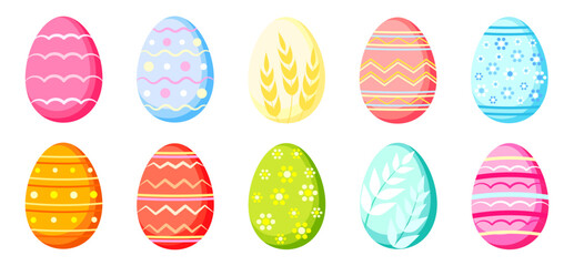 Set of cute Easter eggs in cartoon style. Vector illustration of colored eggs with different patterns: waves, dots, wheat ears, stripes, lines, flowers, leaves isolated on white background.
