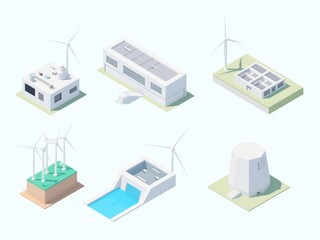 Set of 3D Isometric vector illustration of an industrial energy complex featuring nuclear reactors, hydroelectric dams, and wind turbines on a clean background