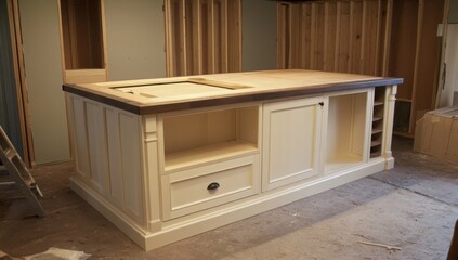 Fototapeta premium Elegant wooden kitchen island in a workshop setting.