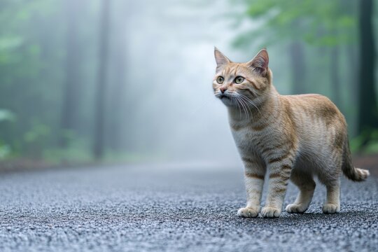 Ginger tabby cat standing on a foggy road, surrounded by blurred trees and greenery. - Powered by Adobe