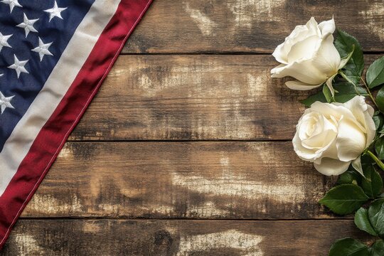 American flag with white roses on a rustic wooden background