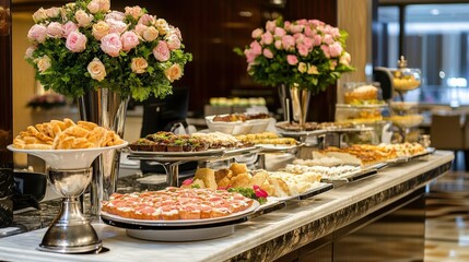 Fototapeta premium Elegant buffet display featuring a variety of desserts and pastries with floral arrangements