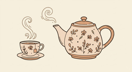 A warm, comforting cup of tea steams invitingly from a delicate floral teapot, a moment of peaceful tranquility in soft, muted tones.