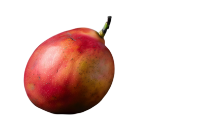 A close up shot of a single mango fruit with red and yellow skin against a black background space around it